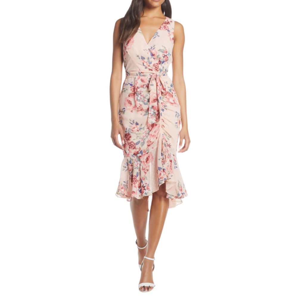 NWT Eliza J | Blush Floral Ruched Chiffon Faux Wrap Dress 4
